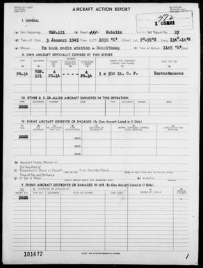 VMF-121 - ACA Report #27 - Bombing & Strafing Radio Station on Babelthuap Island, Palau Islands, 1/3/45