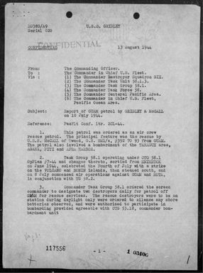 USS Gridley - Rep of patrol ops off Guam Is, Marianas on 7/10/44