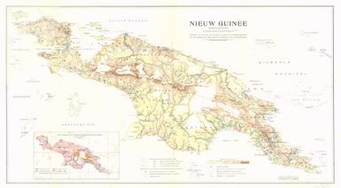 Nieuw Guinee : overzicht van de naar het binnenland ondernomen ontdekkingstochten, van de verdeeling van laag-, heuvel-, en bergland en van het stroomstelsel / samengesteld en geteekend bij de afdeeling Volkenkunde van het Koloniaal Instituut te Amsterdam door den conservator C.C.F.M. Le Roux, Januari 1935