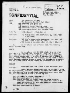 USS KNAPP - Report of Bombardment of Guam Island, Marianas, and AA Action on Night of 7/5/44