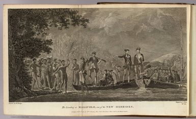 The landing at Mallicolo, one of the New Hebrides. Painted by W. Hodges. Engrav'd by J. Basire. No. LX. Published Feby. 1st, 1777 by Wm. Strahan, New Street, Shoe Lane & Thos. Cadell in the Strand, London.