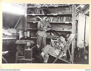 LAE AREA, NEW GUINEA, 1945-08-10. THE INTERIOR OF THE EDUCATION CENTRE, 2/7 GENERAL HOSPITAL, UNDER THE COMMAND OF THE DEPUTY ASSISTANT DIRECTOR OF EDUCATION, LAE BASE SUB-AREA