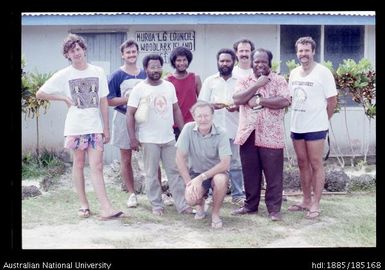 Guasopa: task force team, from left (standing): Lafcadio Cortesi, Kevin Veng (?), Penuel Mowedina, Phil Daur (?), Harry Sakulas, David Vosseler, Johnson Mantu, Mike Patchett (?), kneeling: M W Young