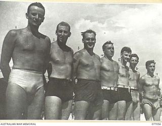 TOROKINA, BOUGAINVILLE, 1944-11-19. THE ROYAL NEW ZEALAND AIR FORCE TEAM WHICH WON THE SURF TEAMS RACE AT THE SURF CARNIVAL ORGANISED BY HEADQUARTERS, 3RD DIVISLION. IDENTIFIED PERSONNEL ARE:- ..