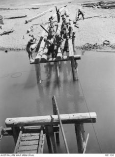 BANAK, AITAPE-WEWAK SECTOR, NEW GUINEA. 1945-04-21. PERSONNEL OF NO. 1 PLATOON, 2/1 FIELD COMPANY, ROYAL AUSTRALIAN ENGINEERS, BRIDGING A RIVER IN THE AREA, TO ASSIST SUPPLY LINES TO FORWARD 16 ..