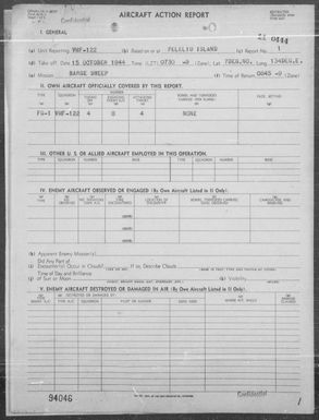 VMF-122 - ACA Form Reps Nos 1-9 & 18 - Rep of Barge Sweeps in the Palau Is & Bombing & Strafing Targets of Opportunity in the Palau Is & Yap Is, Carolines, 10/15-27/44