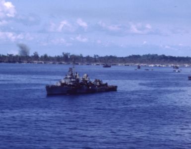 DD Moves in Close to Beach at Angan, Palau, to Lend Fire Support to Landing Forces