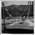 Decorated front of Maki's boat, Taku in background Mangareva