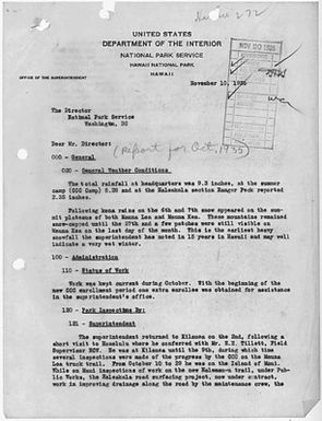 Report of activities at Hawaii National Park in October 1935, by Superintendent Edward G. Wingate, including reports of ECW Camp Director Bertam G. Rivenburgh, Haleakala District Ranger J.A. Peck, and Volcanologist T.A. Jaggar.