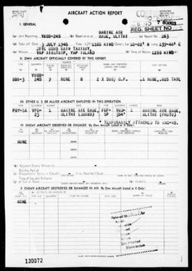 VMSB-245 - ACA Reps Nos 263-267 - Drive Bombing & Strafing Targets in the Yap area, Carolines, 7/3-8/45