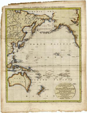 A new & accurate chart of the discoveries of Captn Cook & other later circumnavigators : exhibiting the whole coast of New South Wales, shewing the situations of Port Jackson, & Norfolk Island, where the new settlements are formed ; also the new discoveries on the coast of North America, including Nootka Sound, Queen Charlottes Islands, the Fox Islands, Kishtac, &c. comprising likewise the Pelew Isles with discovered by Captn. Bligh &c. in the Pacific Ocean / T. Conder sculpt