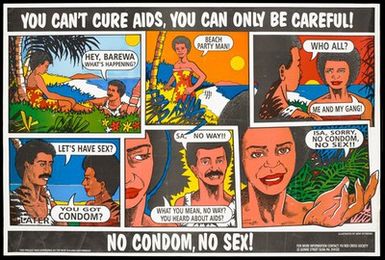 ["Cartoon sequence in which a Fijian woman invites a man to a beach party after which she rejects having sex with him because he does not have a condom; safe sex advertisement by the Fiji Red Cross Society. Colour lithograph by Mike Reymond."]