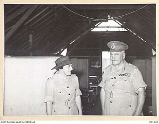 LAE, NEW GUINEA. 1945-05-11. GENERAL SIR THOMAS A. BLAMEY, COMMANDER-IN-CHIEF, ALLIED LAND FORCES, SOUTH WEST PACIFIC AREA (2), ACCOMPANIED BY LIEUTENANT COLONEL M.J. SPENCER, ASSISTANT CONTROLLER ..
