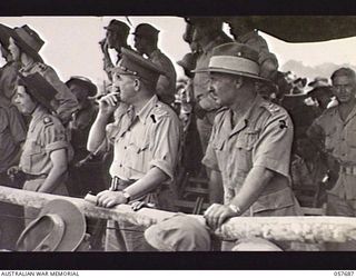 SOPUTA, NEW GUINEA. 1943-10-09. NX8 LIEUTENANT GENERAL SIR LESLIE MORSHEAD KCB KBE CMG DSO ED, GENERAL OFFICER COMMANDING 2ND AUSTRALIAN CORPS (LEFT) AND NX366 MAJOR GENERAL A. J. BOASE CBE, ..