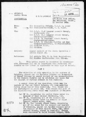 USS Lasalle - Rep of Landing Ops on Angaur Is, Palau Is, 9/15-27/44
