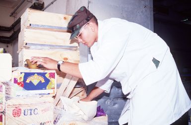 PFC Benjamin Matthews of the US Army Veterinary Service Support Unit inspects fresh fruit arriving at the Naval Commissary on Guam . The pears shown here need to be inspected not only on the outside, but also on the inside for molding or deficiencies