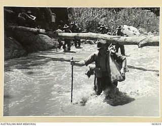 FARIA RIVER, RAMU VALLEY, NEW GUINEA. 1944-01-18. MEMBERS OF NO. 7 BATTERY, 2/4TH FIELD REGIMENT WADING THROUGH THE FAST FLOWING FARIA RIVER ON THEIR WAY TO FORWARD POSITIONS