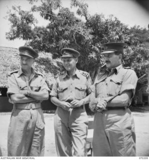 PORT MORESBY, NEW GUINEA. 1944-02-07. TX6055 LIEUTENANT COLONEL K.A. HALL, ASSISTANT QUARTER MASTER GENERAL (1) PICTURED WITH WX40 BRIGADIER D.M. CLELAND, MBE., DEPUTY ADJUTANT AND QUARTER MASTER ..