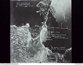 SALAMAUA, NEW GUINEA, 1942-08-20. ANNOTATED AERIAL PHOTOGRAPH SHOWING JAPANESE POSITIONS. (DONOR E.M. BALL)