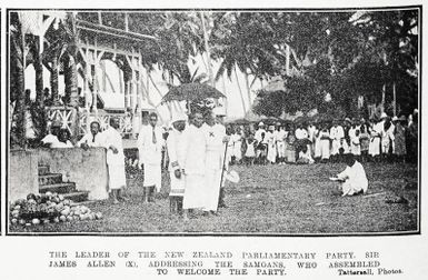 The leader of the New Zealand Parliamentary party, Sir James Allen (x), addressing the Samoans, who assembled to welcome the party