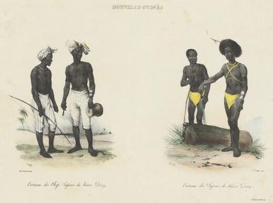 Costumes des chefs papous du Havre Dorey : Costumes des papous du Havre Dorey, Nouvelle Guinee / de Sainson pinx.; V.A., V. Adam lith
