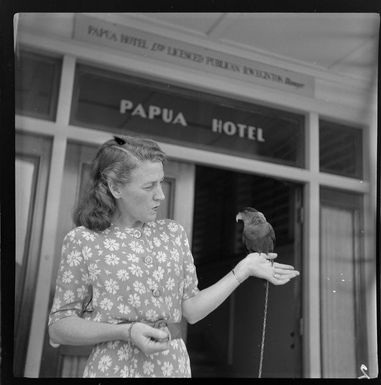 Mrs Banks at the entrance to the Papua Hotel, Port Moresby, Papua New Guinea