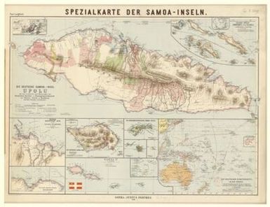 ["Spezialkarte der Samoa-Insein nebst Uebersicht der Veränderungen der Besitzverhältnisse in der Südsee... mit statistischen / Begleitvorten... von Paul Langhans"]