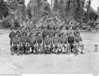 Group portrait of the Officers of the 2/4th Armoured Regiment. Left to right, back row: SX23486 Lieutenant (Lt) E R Richards of Gawler, SA; SX24890 Lt D P Humphrys of Burra, SA; NX6961 Lt W J ..