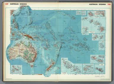 Australia, Oceania. (insets) Nuova Caledonia; Ie. Salomone; Ie. Figi; Ie. Tahiti; Ie. Samoa; Jaluit; Yap; Guam; Ie. Palau; Ie. Hawaii; Wake; Midway.