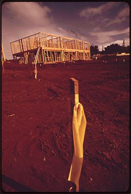 "NEW TOWN" GROWS WHERE PINEAPPLES USED TO THRIVE. PINEAPPLE GROWERS ARE DEVELOPING THEIR OWN "SURPLUS LAND." THIRTEEN HUNDRED ACRES OF A PROJECTED THIRTY-FIVE HUNDRED ACRE DEVELOPMENT HAVE BEEN REZONED SINCE THE START IN 1958