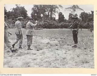 BOUGAINVILLE. 1945-06-08. DURING A TOUR OF 2 CORPS AREA GENERAL SIR THOMAS A. BLAMEY, COMMANDER-IN-CHIEF, ALLIED LAND FORCES, SOUTH WEST PACIFIC AREA, VISITED GLOUCESTER PARK, TOROKINA. HERE HE IS ..