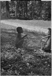 Young boys sit by small fire on which they heat some coconuts, child at left holds string of small fish