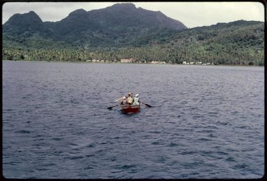 Rowboat approaching Ovalau, Fiji, 1971