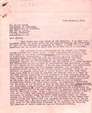 Letter from Alaric Maude to Ron Crocombe and reply