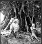 Efatese woman and child in front of banyan tree around which grouped Malekula tree-fern figures made for sale