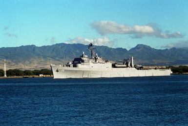 The dock landing ship USS ANCHORAGE (LSD-36) departs from the naval station after a visit. The ANCHORAGE is en route to Naval Station, San Diego, Calif., after serving in the Persian Gulf region during Operation Desert Storm