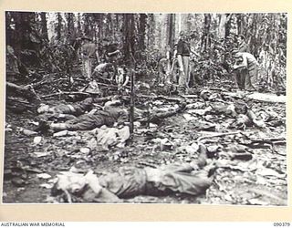 BOUGAINVILLE. 1945-04-06. 25 INFANTRY BATTALION TROOPS DRAGGING JAPANESE BODIES OFF FOR BURIAL. TWO HUNDRED AND NINETY SIX JAPANESE WERE KILLED DURING THE ENGAGEMENT ON SLATER'S KNOLL AND AN ..