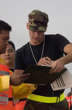 U.S. Air Force SENIOR AIRMAN Kenneth Hansen, 36 Munitions Squadron, 36 Air Expeditionary Wing, Guam, assesses paperwork during exercise Beverly Palms 04-13 at Andersen AFB, Guam, on Nov. 16, 2004.(U.S. Air Force PHOTO by AIRMAN First Class Kristin Ruleau) (Released)