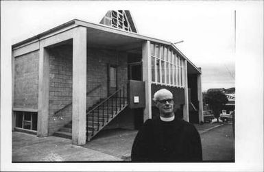 Rev. R.L. Challis outside Pacific Islanders Church