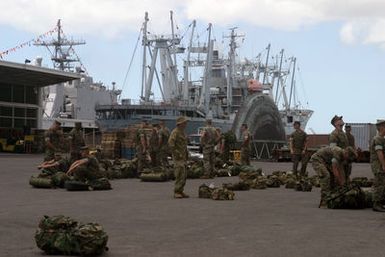 US Marine Corps (USMC) Marines from the 3rd Marine Regiment (MAR REGT) and Soldiers from the 2nd Royal Australian Regiment (RAR) wait on shore to embark the US Navy (USN) Amphibious Assault Ship USS TARAWA (LHA 1) at pier K-10, Pearl Harbor, Hawaii (HI). The TARAWA is participating in the amphibious exercise, Rim of the Pacific (RIMPAC) 2004