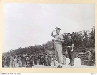 TOROKINA, BOUGAINVILLE. 1945-10-22. A CEREMONIAL PARADE AND MARCH PAST BY 29 INFANTRY BRIGADE WAS HELD FOR MAJOR GENERAL W. BRIDGEFORD, GENERAL OFFICER COMMANDING 3 DIVISION, AT TOROKINA AIRFIELD. ..