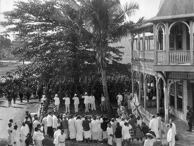 Hoisting the Union Jack, Courthouse, Apia