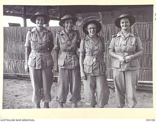 BOUGAINVILLE, 1945-06-18. SISTERS OF 109 CASUALTY CLEARING STATION, MOTUPENA POINT. IDENTIFIED PERSONNEL ARE:- LT L.M.G. ANDERSON (1); LT E.A. EMBLING (2); LT G.I. SMITH (3); CAPTAIN ELIZABETH ..