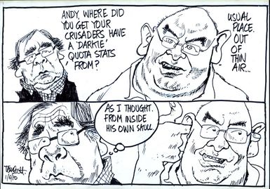 "Andy, where did you get your Crusaders, have a 'darkie' quota stats from?" "Usual place. Out of thin air..." "As I though. From inside his own skull" 1 June 2010