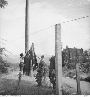 1942-11-19. NEW GUINEA. KOKODA. THE AUSTRALIAN FLAG HOISTED AT KOKODA. IN THE FOREGROUND IS A STAKE, A MONUMENT ERECTED BY THE JAPANESE TO MEN WHO DIED IN THE FIERCE JULY/AUGUST BATTLE FOR KOKODA. ..