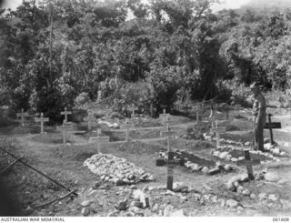 FINSCHHAFEN, NEW GUINEA. 1943-11-24. ENGINEER'S SECTION AT THE LOCAL WAR CEMETERY. THESE GRAVES ARE OF ENGINEERS OF THE 2/3RD AUSTRALIAN FIELD COMPANY, ROYAL AUSTRALIAN ENGINEERS WHO WERE KILLED IN ..
