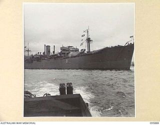 WEWAK HARBOUR, NEW GUINEA. 1945-09-03. THE TROOPSHIP, SS RIVER FITZROY AS IT PREPARES TO LEAVE HARBOUR. THE VESSEL HAS A TROOP CARRYING CAPACITY OF 500. THIS IS THE FIRST AUSTRALIAN FREIGHTER TO BE ..