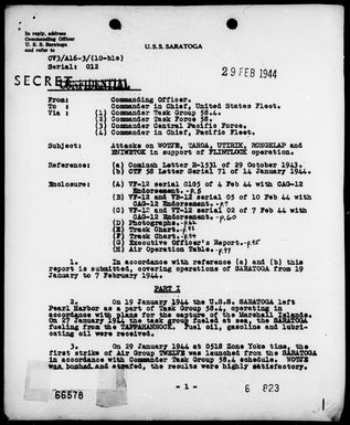 USS SARATOGA - Rep of Attacks on Marshall Islands, 1/29/44 to 2/7/44