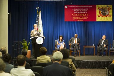 Asian American and Pacific Islanders (AAPI) Heritage event at HUD headquarters, with Hawaii Senator Daniel Inouye and Washington, D.C. television news anchor Eun Yang [among the guest speakers,] and Secretary Shaun Donovan and Deputy Secretary Ron Sims [among the HUD senior officials on hand]