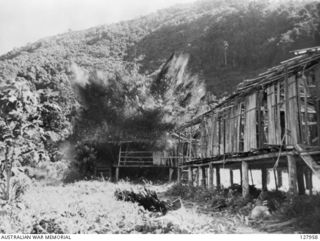 NEW GUINEA, 1942-08-05. MEMBERS OF THE 2/5TH AUSTRALIAN INDEPENDENT COMPANY, USING AN IMPROVISED BOMB, SHATTER A NATIVE HUT IN THE MUBO - SALAMAUA AREA BELIEVED TO HOUSE JAPANESE TROOPS. COMMANDOS ..
